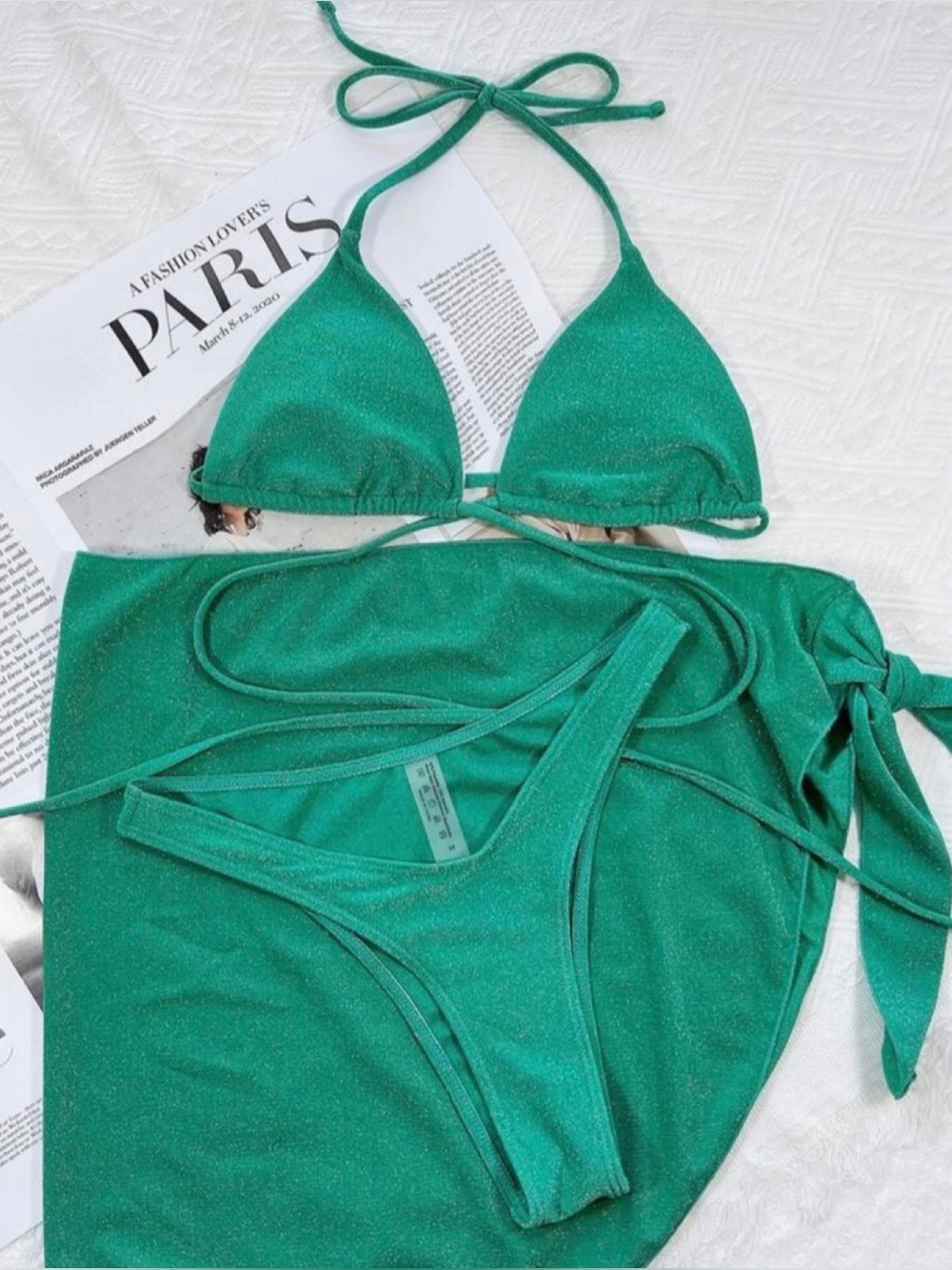Green Shimmer Triangle Bikini Set with Cover-Up NWOT - Picture 6 of 6